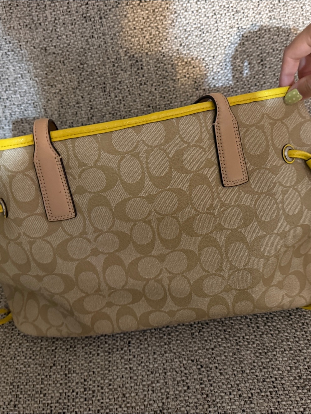 Coach Beige Signature Tote with Yellow Trim and Tan Handles - Picture 5 of 13